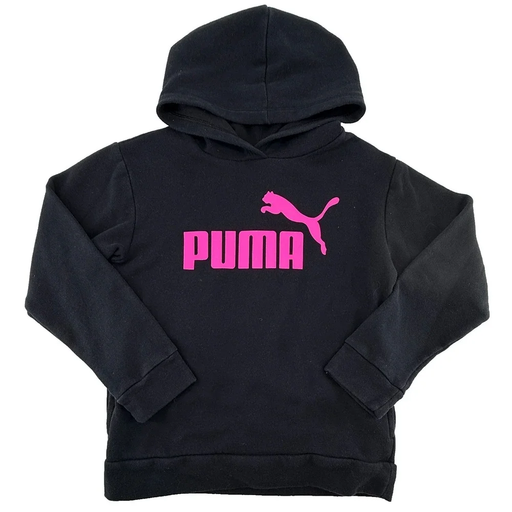 Puma Girls Hoodie M 10-12 Black Pink‎ Logo Athletic Pullover Sweatshirt